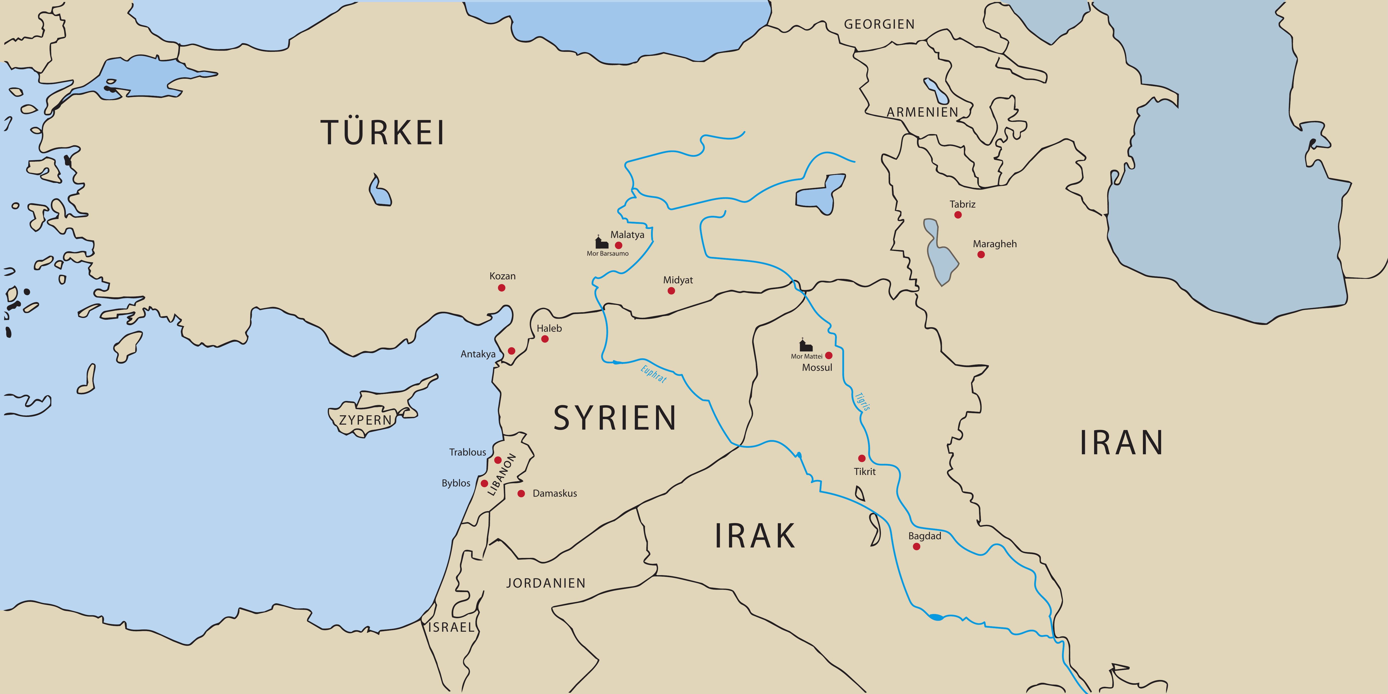 Aufenthaltsorte von Bar Hebraeus in der heutigen Türkei, in Syrien, im Libanon, Irak und Iran